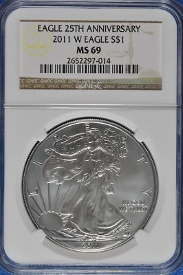 2011 W Burnished 1 OZ Silver American Eagle NGC MS 69 25th Anniversary - Image 1 of 2