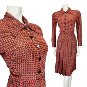 VINTAGE 70s RUBY RED BLUE CHECKED GEOMETRIC NINA RICCI DAGGER SHIRT DRESS 8 10 - Picture 1 of 9