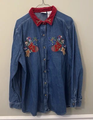 VTG Bobbie Brooks Denim Shirt Women XL Button Down Embroidered Christmas - Image 1 of 4