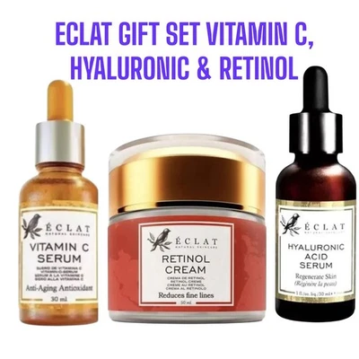 Eclat Retinol Cream, Vitamin C & Hyaluronic Acid Serums Skincare Gift Set Of 3 - Image 1 of 4