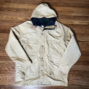 VTG Woolrich Field Chore Coat Hooded Jacket Size XL Tan Plaid Wool Lined USA - Picture 1 of 10