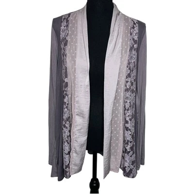 LOGO by Lori Goldstein Women's M Lavender Open Front Lace Panel Cardigan Artsy - Image 1 of 4