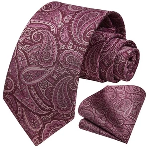 Mens Ties Burgundy Paisley Tie and Pocket Square Woven Classic Floral Mens Ne... - Picture 1 of 7