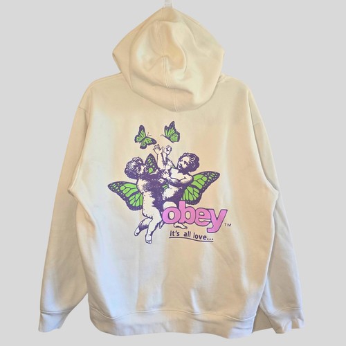 OFF WHITE OBEY It’s All Love Felpa con Cappuccio Uomo M Crema Non Sbiancata Grafica Angelo Farfalla Y2K