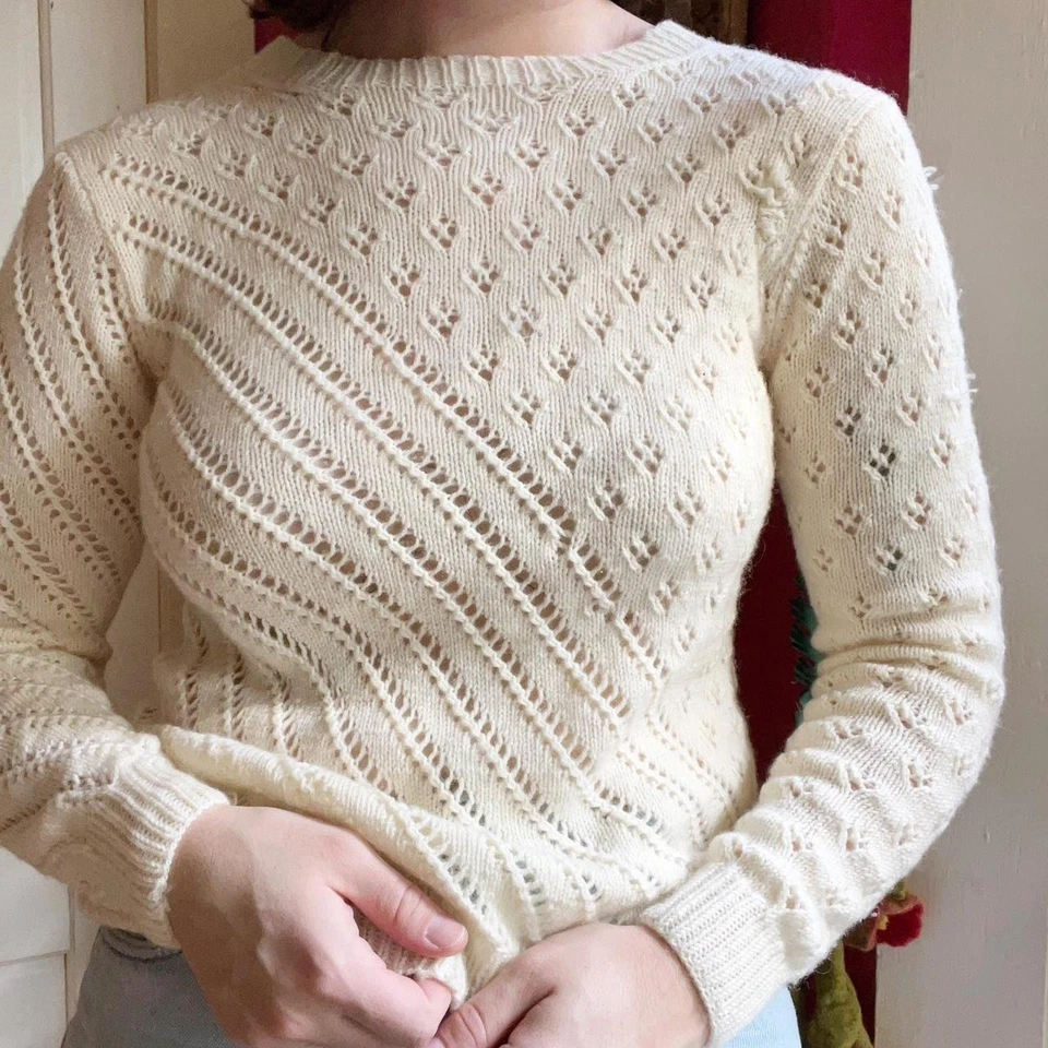 Vintage 1970s 80s Handmade Vanilla White Mixed Knit Coquette Casual Sweater S - Image 1 of 4