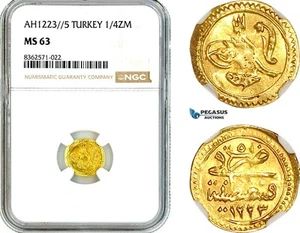 AK754, Ottoman Empire, Turkey, Mehmed II, 1/4 Zeri Mahbub AH1223 // 5, NGC MS63 - Picture 1 of 1