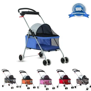 4 Wheels Pet Stroller Folding Waterproof Travel Cat Dog Stroller w/Cup Holder - Picture 1 of 17