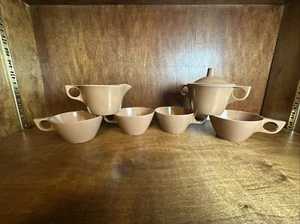 Vintage Brown Melmac Sugar & Creamer Set W/ 4 Cups Melamine Texas Ware 1970’s - Picture 1 of 19