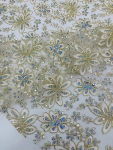 Metallic Floral Design Embroidered With Holographic Sequins Mesh Fabric By Yard - Picture 1 of 4