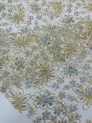 Tela de malla con diseño floral metálico bordado con lentejuelas holográficas por yarda Foto 1 de 4