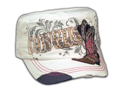 Crystal Cowgirl & Cowboy Boots Distressed White Cadet Cap - Image 1 of 4