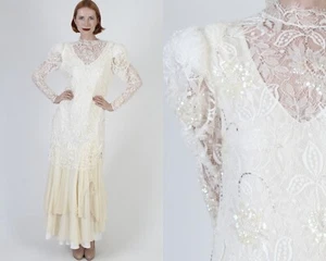 Vtg Rina Di Montella Silk Wedding Dress Cream Chiffon Sequin Bridal Gown 12 - Picture 1 of 8