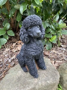 BLACK POODLE DOG ANIMAL CONCRETE GARDEN STATUE ORNAMENT FIGURINE MEMORIAL - Foto 1 di 7