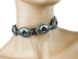 Oval Concho Gothic Choker Punk Collar Metal Genuine Leather Buckle Necklace - Picture 1 of 2