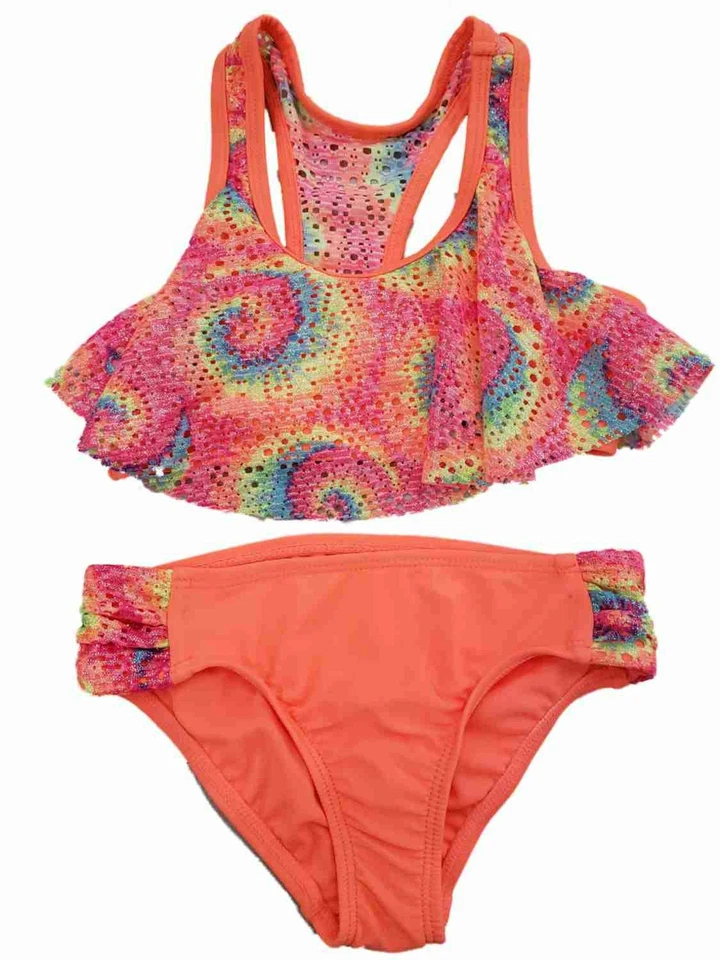 Girls Shimmery Rainbow Pink Purple Blue Orange Ruffle 2Pc Swimming Swim Suit XXL - Image 1 of 1