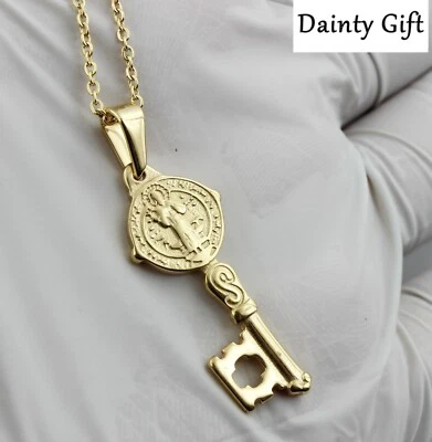 Moda Feminina Menina Titânio Aço Inoxidável Ouro Papa & Cruz Colar Chave 17" - Imagem 1 de 4