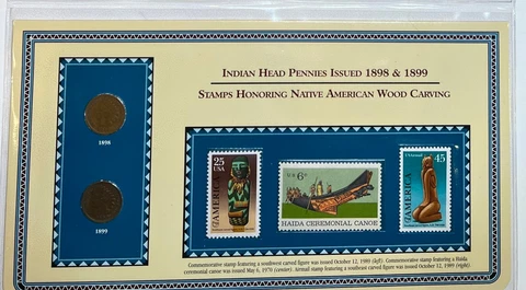 1898 & 1899 Indian Head Penny & Stamp Set Honoring Native American Wood Carving Cover