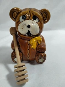 Vintage 1982 Houston Foods Keramik Teddy Braunbär Honig mit Holzlöffel - Bild 1 von 10