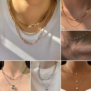 Multilayer Stainless Steel Punk Heart Pendant Necklace Collar Chain Women Gift - Picture 1 of 33