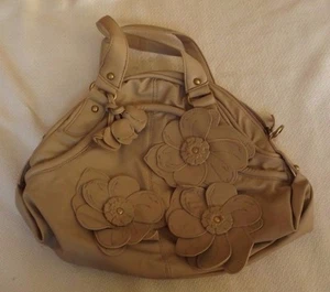 NEXT BEIGE FAUX LEATHER 3D FLOWERS HALF MOON HOBO STYLE HANDBAG - Picture 1 of 4