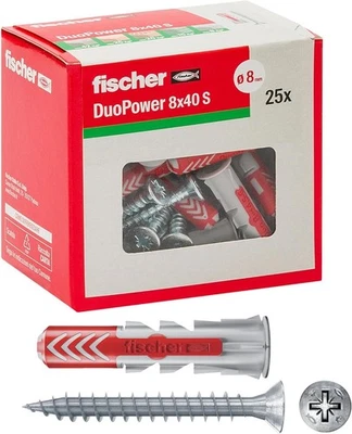 Fischer 25 Tasselli Duopower con Vite, 8 x 40 mm, per Muro pieno, Mattone Forato - Immagine 1 di 4