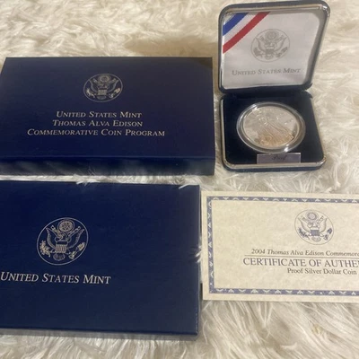 2004 Thomas Alva Edison Proof 90% Silver Dollar US Mint $1 Coin Box and COA - Image 1 of 4