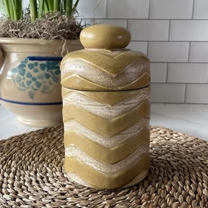 VTG Italian Canister Lidded Jar  Ceramic Art Pottery 6.75” H X 4” Chevron YELLOW - Picture 1 of 9
