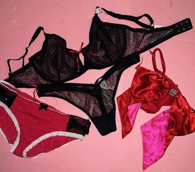Victoria's Secret 36DD SUJETADOR CONJUNTO M lote de bragas NEGRO malla roja lunares Jingle Bells Foto 1 de 4