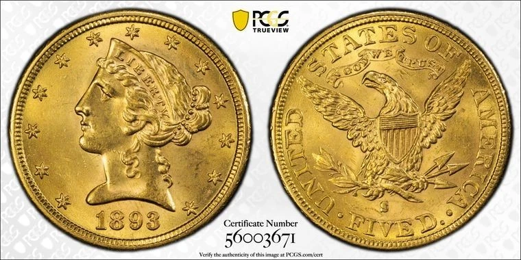 1893-S $5 Liberty Head Gold Coin PCGS MS 64 – CAC DL Hanssen Collection - Image 1 of 1