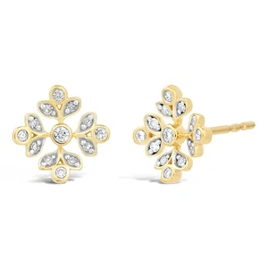 0.06 Diamond 925 Sterling Yellow Silver Fancy Snowflake Stud Earrings - - Picture 1 of 8