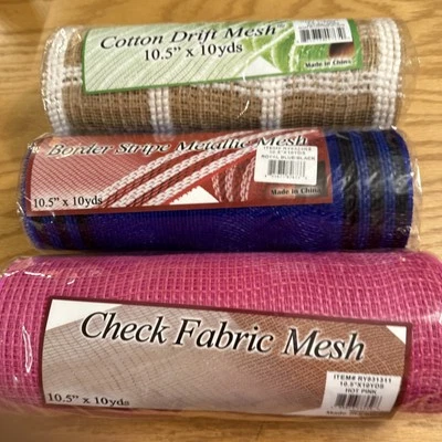 3 Rolls Poly Mesh 10.5" X 10 Yds  New - Hot Pink; Royal Ble/Black; Natural/White - Image 1 of 4