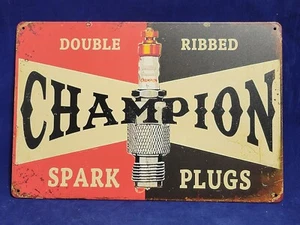 Double Ribbed Champion Spark Plugs Tin Sign 8"x12" - Picture 1 of 5