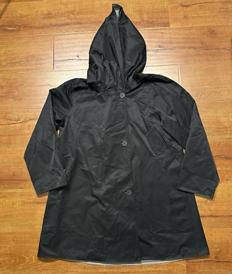 Chaqueta Reversible Eileen Fisher L Negra Gris Trench Impermeable Capucha Gran Tamaño Ciudad Foto 1 de 4