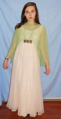 Vestido de noche largo vintage Emma Domb de gasa talla 10 verde melocotón 1970 Foto 1 de 4