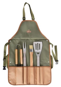 Khaki BBQ Apron with 4 Barbeque Grill Cooking Utensils Tongs Fork Spatula Brush - Picture 1 of 1