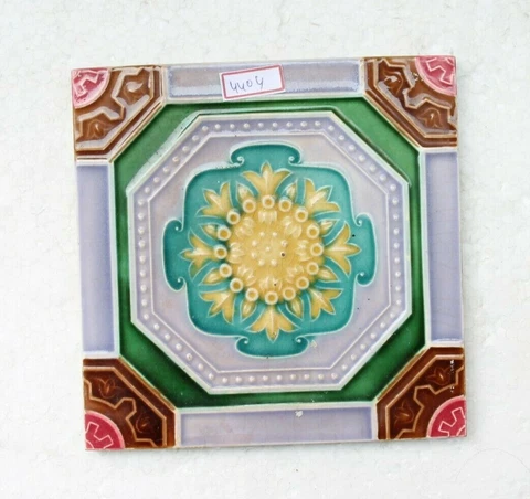 RARE OLD CERAMIC TILE FLOWER DESIGN PORCELAIN VINTAGE ART, JAPAN NH4404 Cover