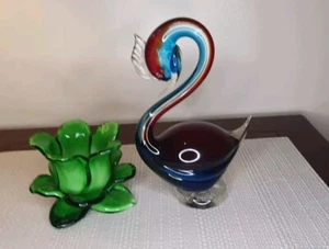 Murano Retro Green Flower And Blue& Blue Venetian Glass Swan Figurine - Picture 1 of 8
