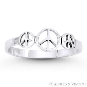 Peace Sign 3-Charm Hippie Symbol .925 Sterling Silver Stackable Right-Hand Ring - Picture 1 of 1