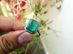 6.60 Ct Real Emerald & Lab Created Diamond Engagement Ring 925 Sterling Silver - Picture 1 of 14