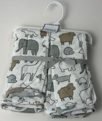 NWT Carters Brown Grey White Safari Zoo Animals Baby Cotton Receiving Blanket - Image 1 of 4