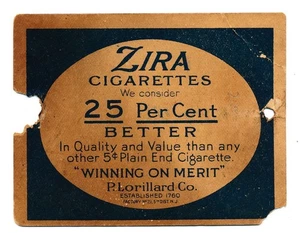 VINTAGE ZIRA ZIGARETTENKARTE (NORWEGEN) - P. LORILLARD TABAK CO. - Bild 1 von 2