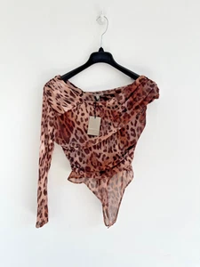 River Island Top Bodysuit Brown Leopard Print One Sleeve Asymmetric UK 14 - BNWT - Picture 1 of 11