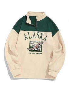 Men's Letters Embroidered Raglan Sleeve Quarter Zip Large Alaska-light Yellow - Picture 1 of 5