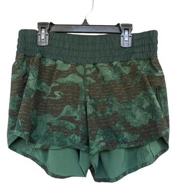 Lululemon Speed Up Shorts Womens 10 Green Camo Script Run Zipper Pocket - Image 1 of 4