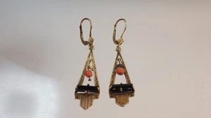 Hermosos pendientes largos antiguos de coral de ónix oro rojo 585 finamente decorados alrededor de 1930 - Imagen 1 de 10