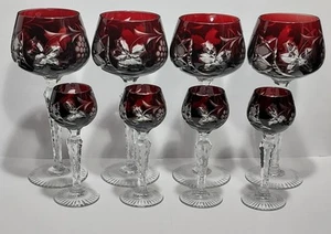 Vintage Cranberry Bohemian Cut Crystal Wine & Cordial Glasses 8 pc - Picture 1 of 21