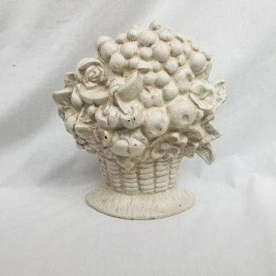 Vintage White Cast Iron Doorstop Fruit and Flowers In A Basket 10.5"T x9.5W 8lbs - Image 1 of 4