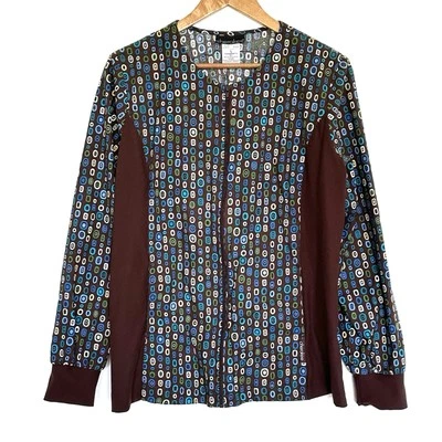 Cherokee Women’s Scrub Shirt Large Geometric Cotton Long Sleeve Zipper Pockets - Image 1 of 4