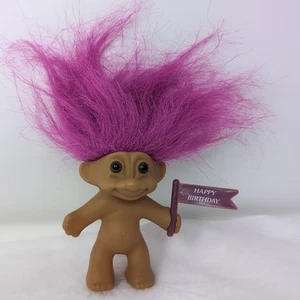 Russ Troll 3" Purple Hair Nude Toy doll Vintage 90s "Happy Birthday" Flag HTF - Picture 1 of 3