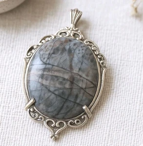 Vintage Sterling Silver Picasso Jasper Pendant KBN STER Boho Gothic Statement - Picture 1 of 8